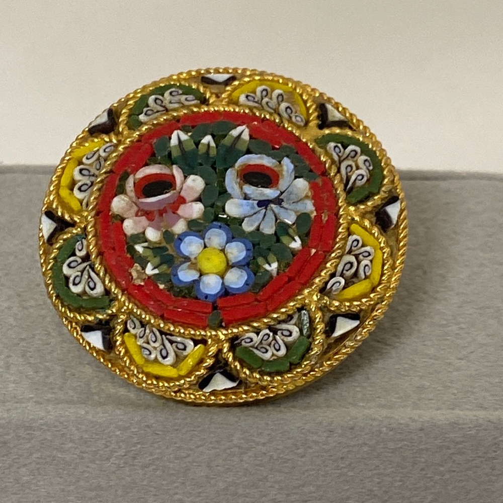 Mosaic pin made in Italy. Beautiful colors, floral design. About 1.25”.